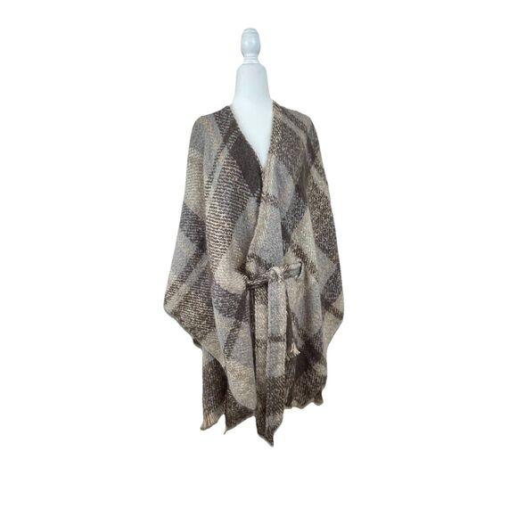 Max Studio Poncho Wrap Brown Plaid Western Bohemian - Picture 1 of 8